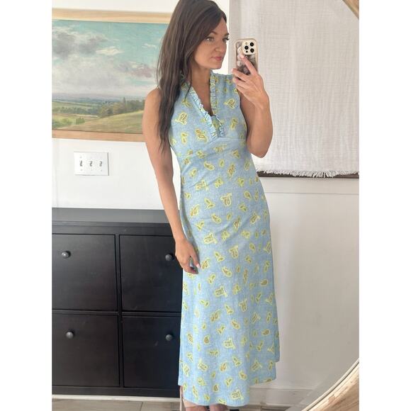 60’s 70’s D Lang Fashions ILGWU Blue Paisley Ruffle Neck Maxi Dress - Picture 5 of 10